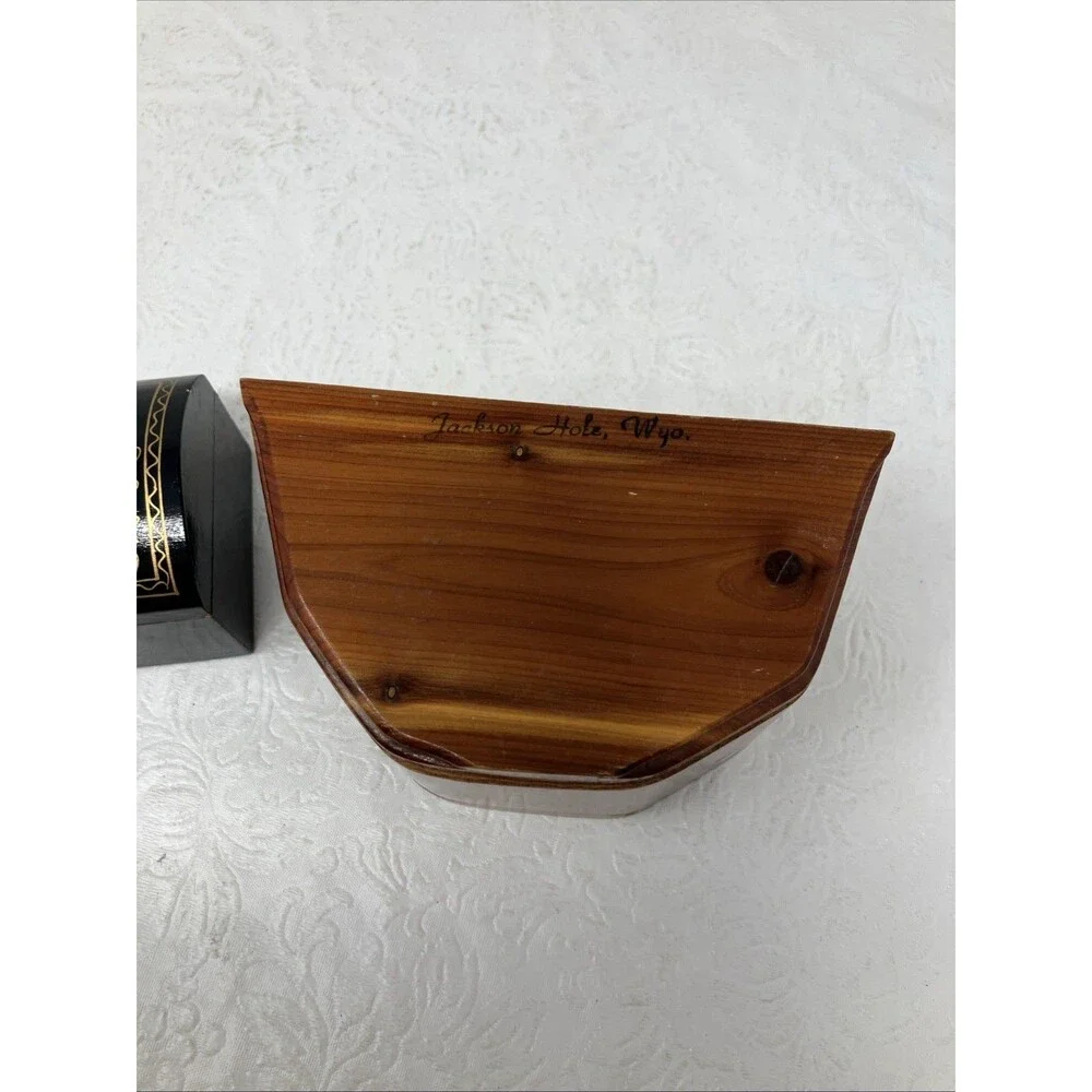 2 Wood Treasure Trinket Box Hinged Lid (Hand Painted Floral Black & Brown Cedar)